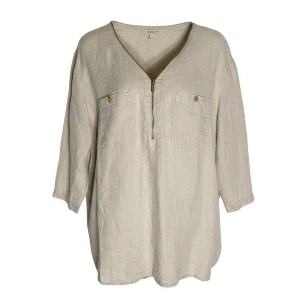 Company Ellen Tracy 100% Linen Tunic Plus 2XL Khaki Gold Career Travel Office - Picture 2 of 14